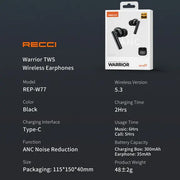 Recci Warrior ANC Wireless Bluetooth 5.3 In-Ear AirPods
