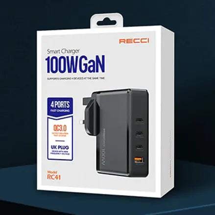 Recci 100W GaN 4 Ports Smart Charger (UK Plug) - iCase Stores