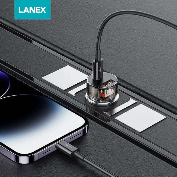 Lanex Transparent Dual USB Ports Car Charger Kit With Type-C Cable 3.1A