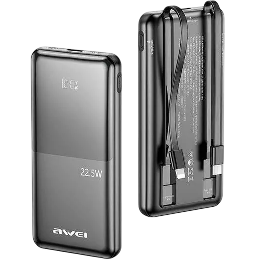 Awei 10000mAh Dual-Cable 22.5W Fast Charging Power Bank