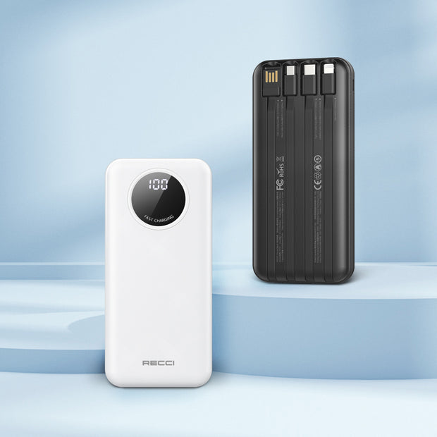 Recci Power Bank With 4 Built-In Cables & 2 USB-A Output LED Digital Display 10000mAh