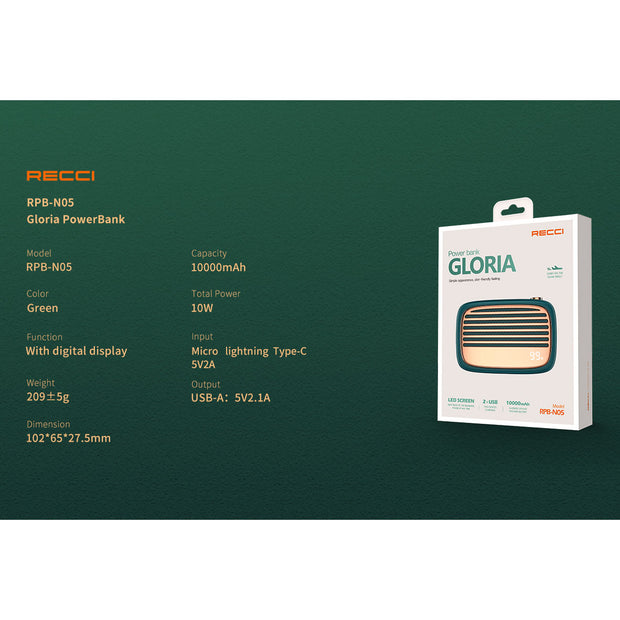 Recci Gloria Series 10000mAh Power Bank With Digital Display