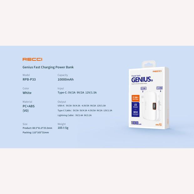 Recci Genius Fast Charging Power Bank 10000mAh