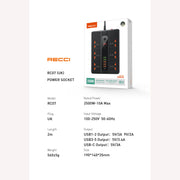 Recci 2500W POWER SOCKET 6 UNIVERSAL SOCKETS - 5 USB PORTS - iCase Stores
