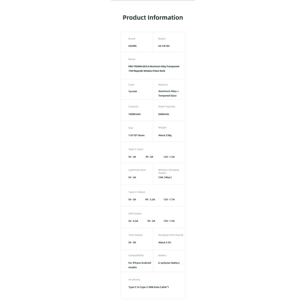 USAMS PD20W+QC3.0 Aluminum Alloy Transparent 15W Magnetic Wireless Power Bank 10000mAh - iCase Stores