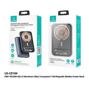 USAMS PD20W+QC3.0 Aluminum Alloy Transparent 15W Magnetic Wireless Power Bank 10000mAh