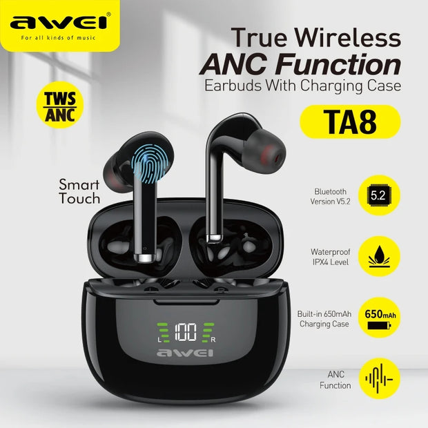 Awei ANC Fone Bluetooth Earphones Wireless Headphones LED Display TWS Headset Gamer Noise Reduction Earbuds with Dual Mic
