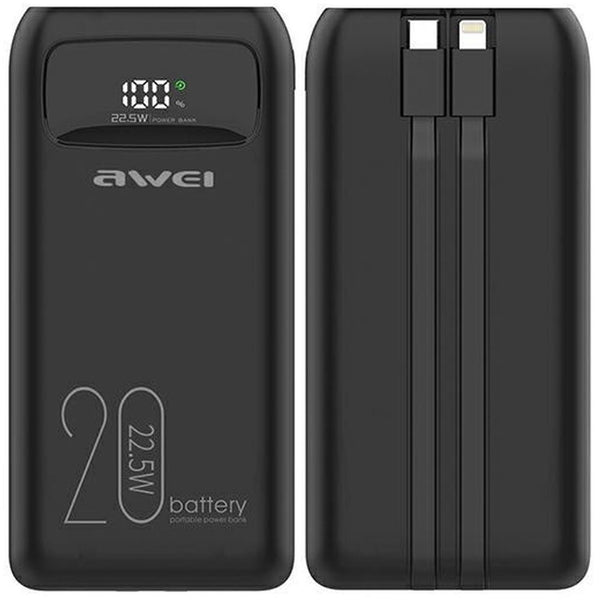 Awei Fast Charge Power Bank Led Digital Display with Built-in Cable 20000mAh / 22.5W - iCase Stores