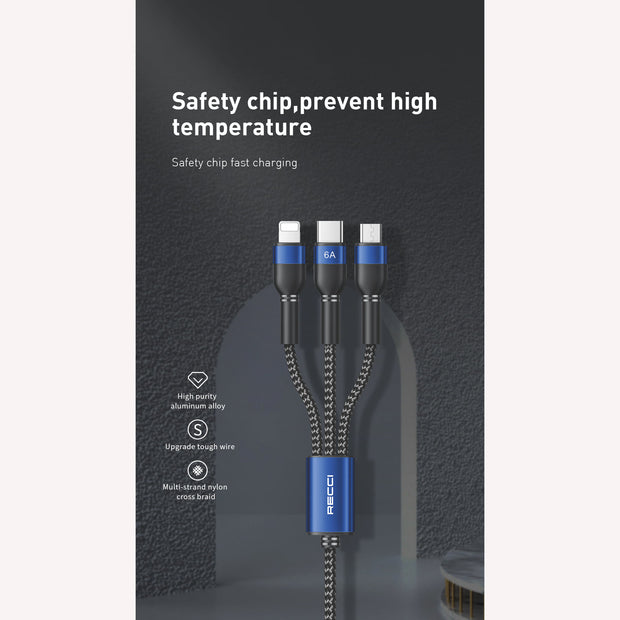 Recci SkyLine 3-In-1  Fast Charging Cable 66W / 120cm - iCase Stores