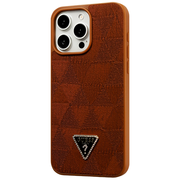 Brown textured phone case with a brand logo on a white background