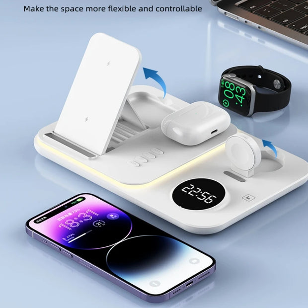 5 in 1 Wireless Charging Station Dock with Digital Clock & Night Light 30W
