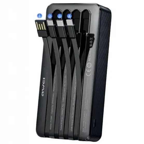 Awei 4 In 1 Built-in Cables Multiple Output Power Bank with Led Digital Display 20000mAh
