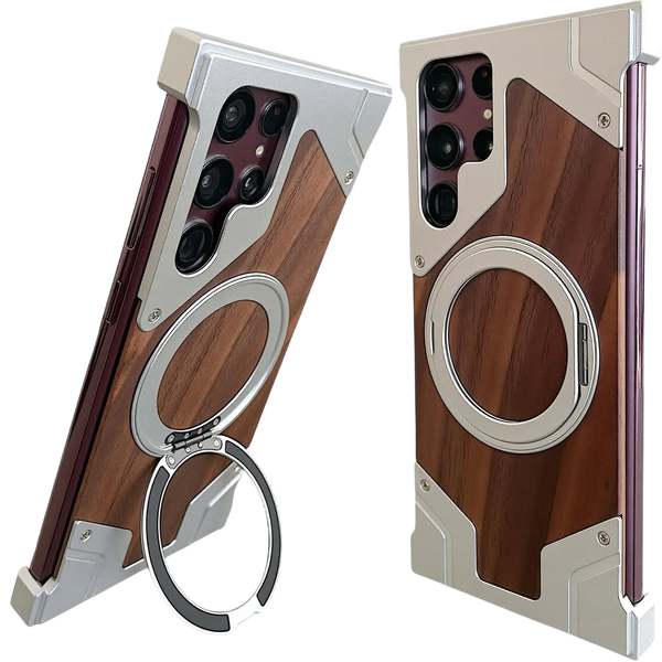 Wooden Texture Armor with Kickstand Ring Case for Samsung
