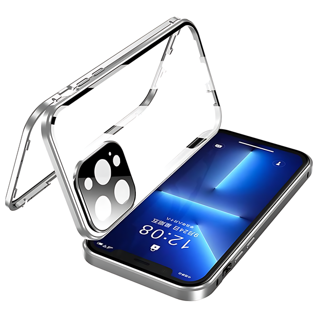 Full Body 360 Double-Sided Tempered Glass Case with Aluminum Frame & Strong Magnetic Cover Lock & Lens Protector