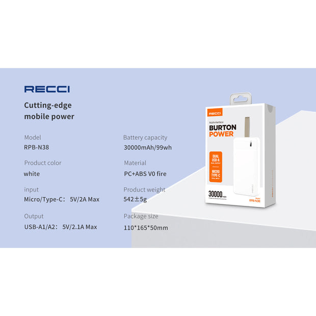 Recci BURTON POWER 30000mAh Power Bank - Dual USB-A Output