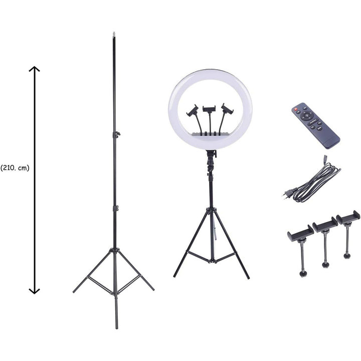 Live Stream Led Soft Ring Light 45 cm 360 Degree Rotating 2700K-6500K With 3 Mobile Holder, Remote Control And 2.1 Meter Stand - iCase Stores