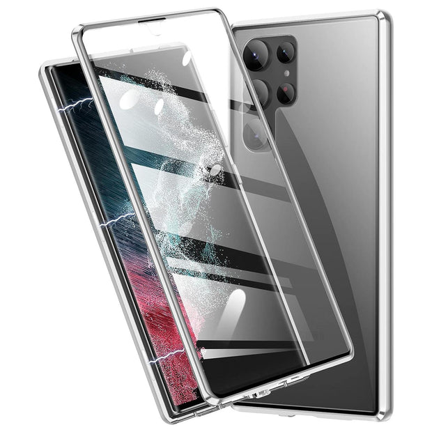 Full Body 360 Double-Sided Tempered Glass Case with Aluminum Frame & Strong Magnetic Cover Lock & Lens Protector