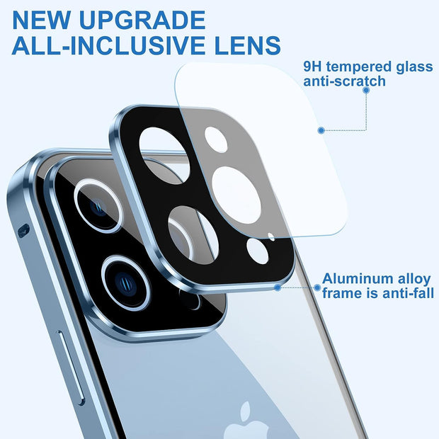Full Body 360 Double-Sided Tempered Glass Case with Aluminum Frame & Strong Magnetic Cover Lock & Lens Protector