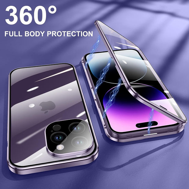 Full Body 360 Double-Sided Tempered Glass Case with Aluminum Frame & Strong Magnetic Cover Lock & Lens Protector