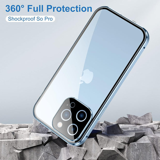 Full Body 360 Double-Sided Tempered Glass Case with Aluminum Frame & Strong Magnetic Cover Lock & Lens Protector