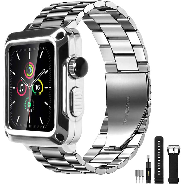 Hualimei Heavy Duty Protective Case with Stainless Steel Band & Screen Protector for Apple Watch