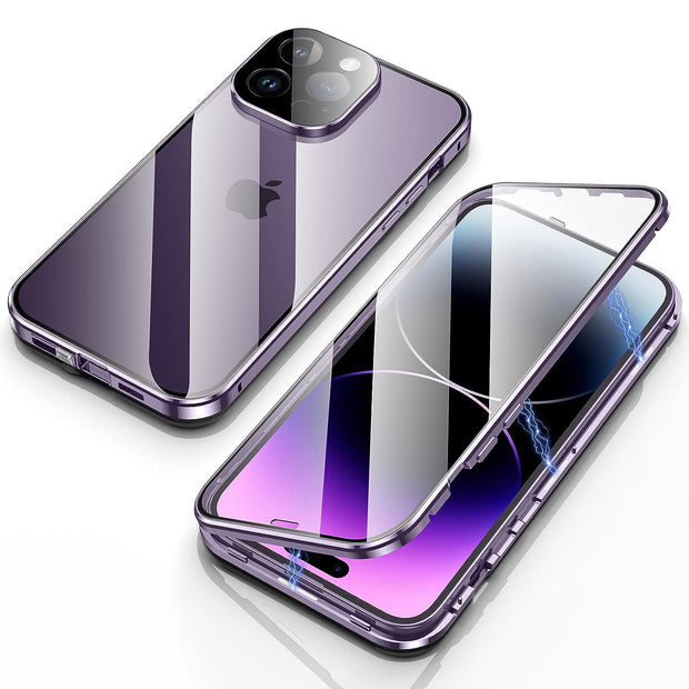 Full Body 360 Double-Sided Tempered Glass Case with Aluminum Frame & Strong Magnetic Cover Lock & Lens Protector