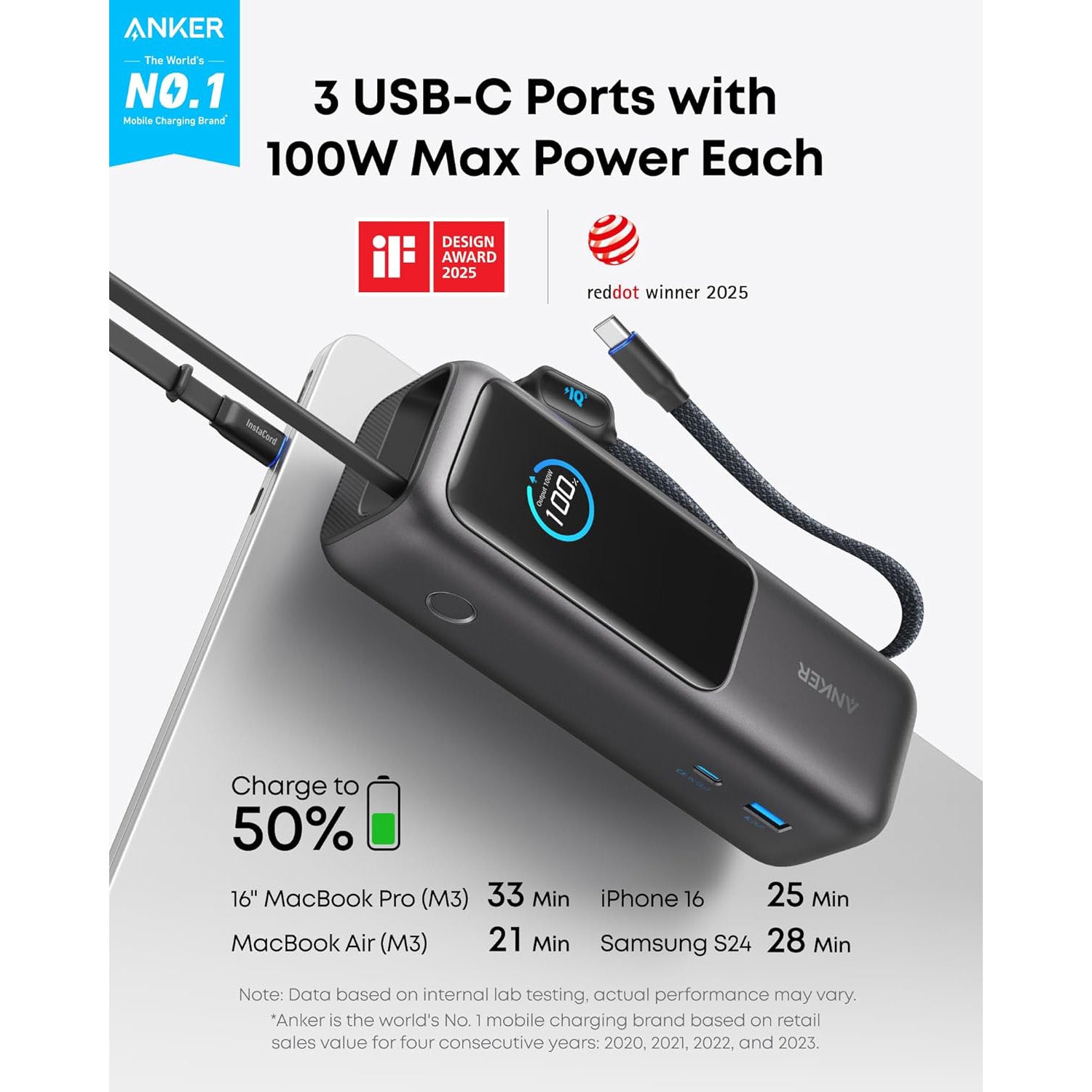 Anker 25000mAh/165W Laptop Power Bank | Built-In Cables