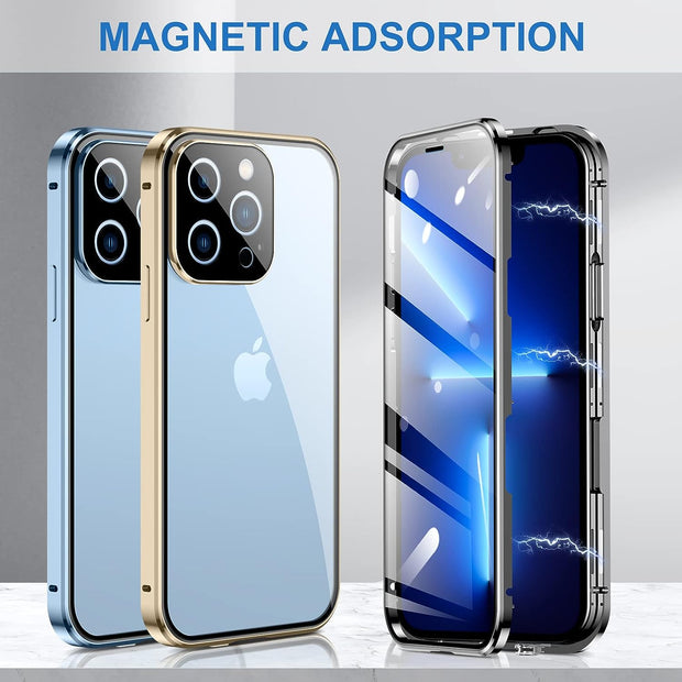 Full Body 360 Double-Sided Tempered Glass Case with Aluminum Frame & Strong Magnetic Cover Lock & Lens Protector