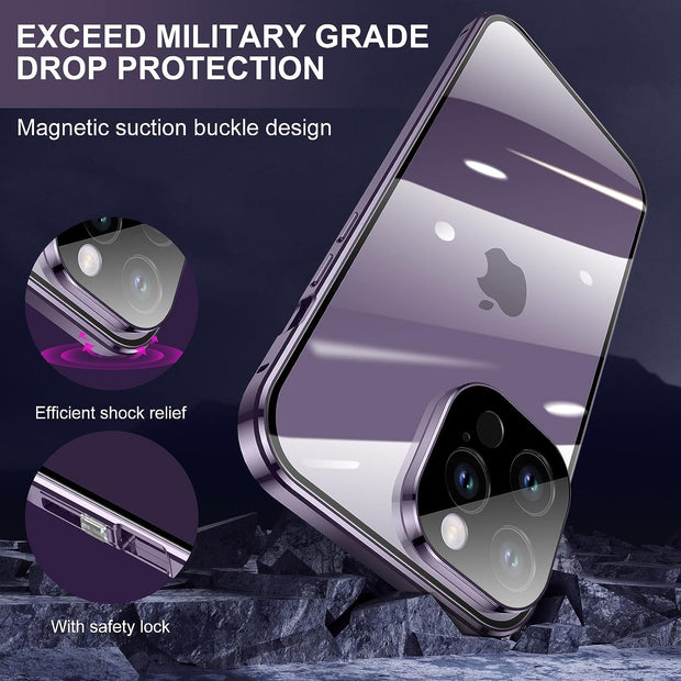 Full Body 360 Double-Sided Tempered Glass Case with Aluminum Frame & Strong Magnetic Cover Lock & Lens Protector