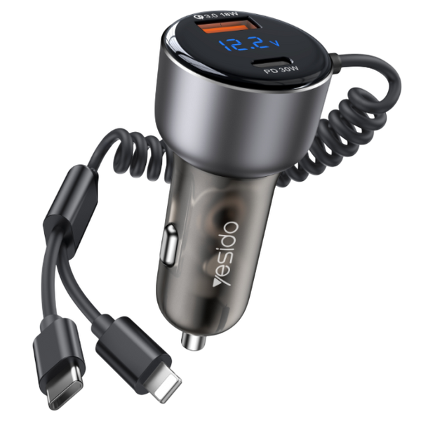 Yesido 60W Fast Charging Car Charger with Built-in Telescopic Cable