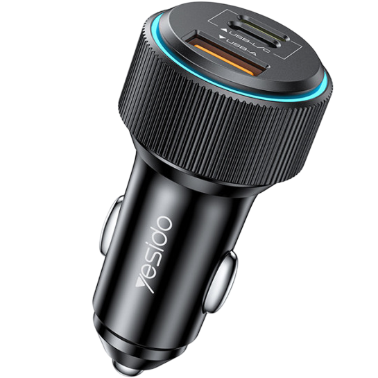 Yesido 38W Dual Port Fast Car Charger with Built-in Type-C & Lightning Cables