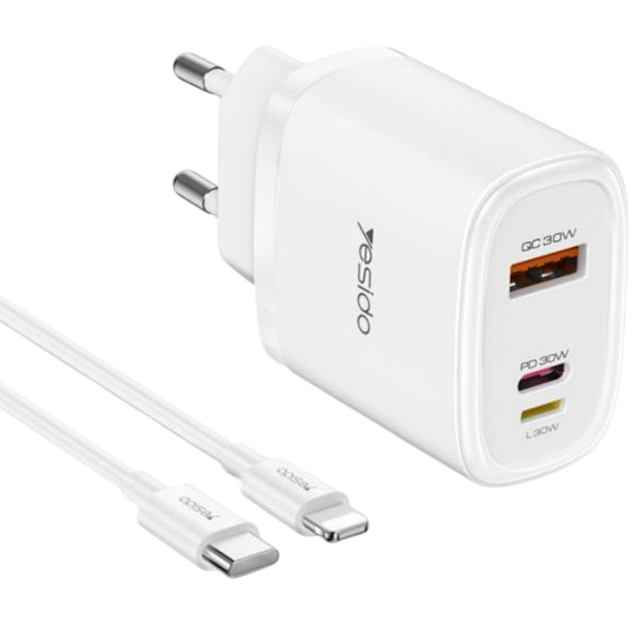 Yesido 30W Fast Charging Wall Charger USB + Type-C + Lightning Ports