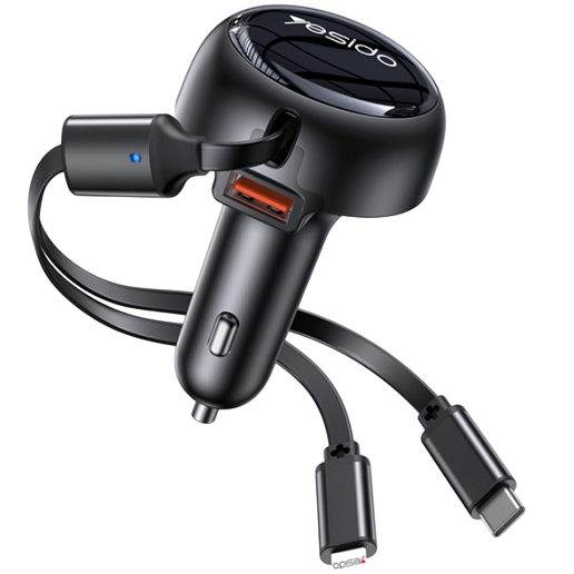 Yesido 53W Fast Charging Car Charger with Type-C & Lightning Telescopic Cable