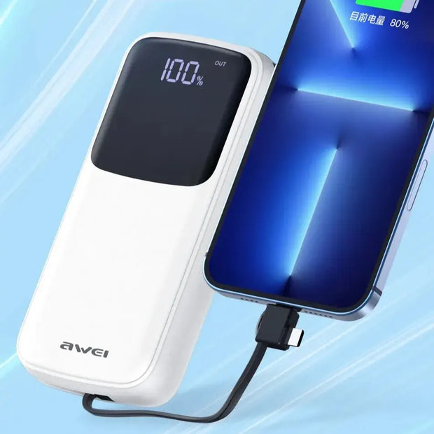 Awei Power Bank Fast Charging with Built-in Cable LED Power Display Battery 20000mAh
