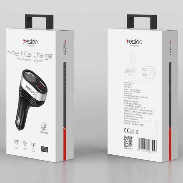 Yesido Smart Car Charger With Cigarette Lighter Port