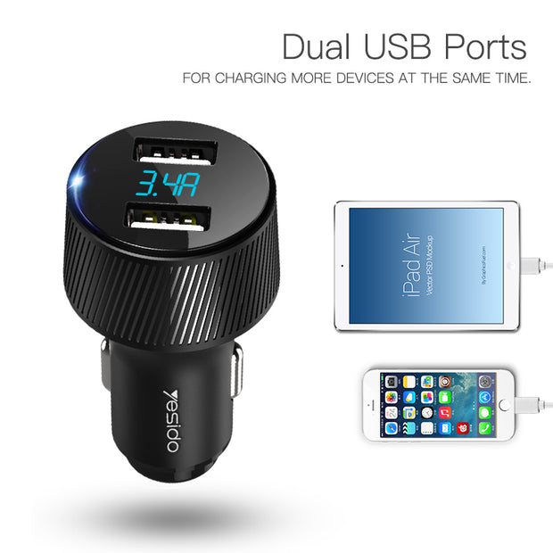 Yesido Aluminum Alloy Dual USB 3.4A Car Charger with Voltmeter
