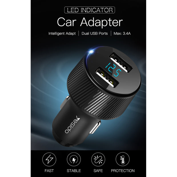 Yesido Aluminum Alloy Dual USB 3.4A Car Charger with Voltmeter