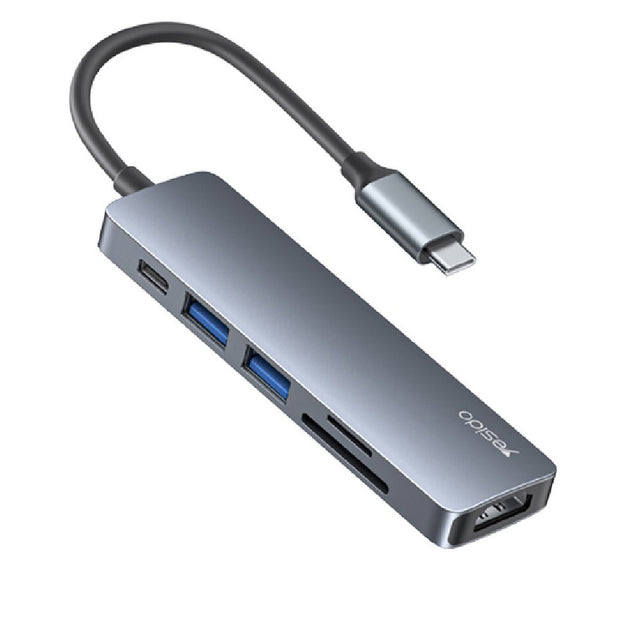 Yesido 6-in-1 Aluminium Alloy USB-C Multiport Hub Adapter with 4K HDMI & Card Reader