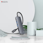 Yesido 6-in-1 Aluminium Alloy USB-C Multiport Hub Adapter with 4K HDMI & Card Reader