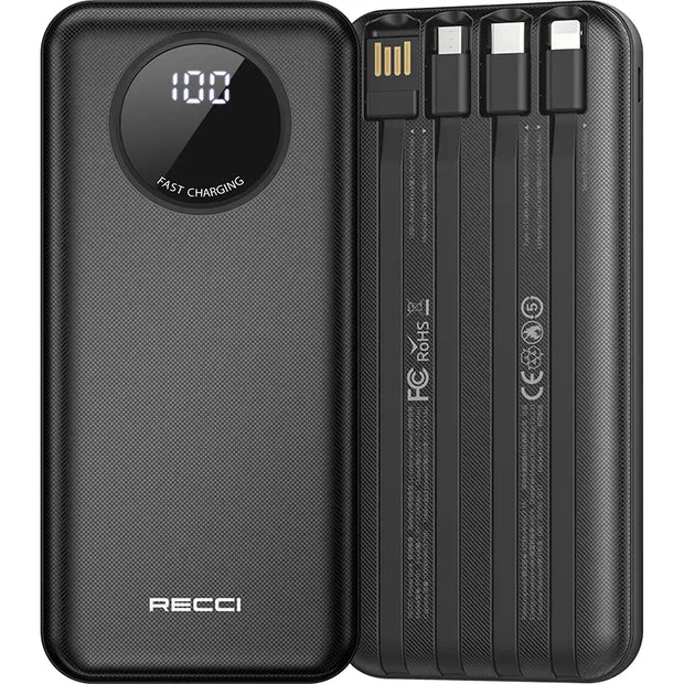 Recci Power Bank With 4 Built-In Cables & 2 USB-A Output LED Digital ...