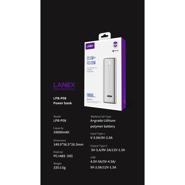 Lanex Metal 22.5W PD Fast Charging 19600mAh Power Bank - iCase Stores