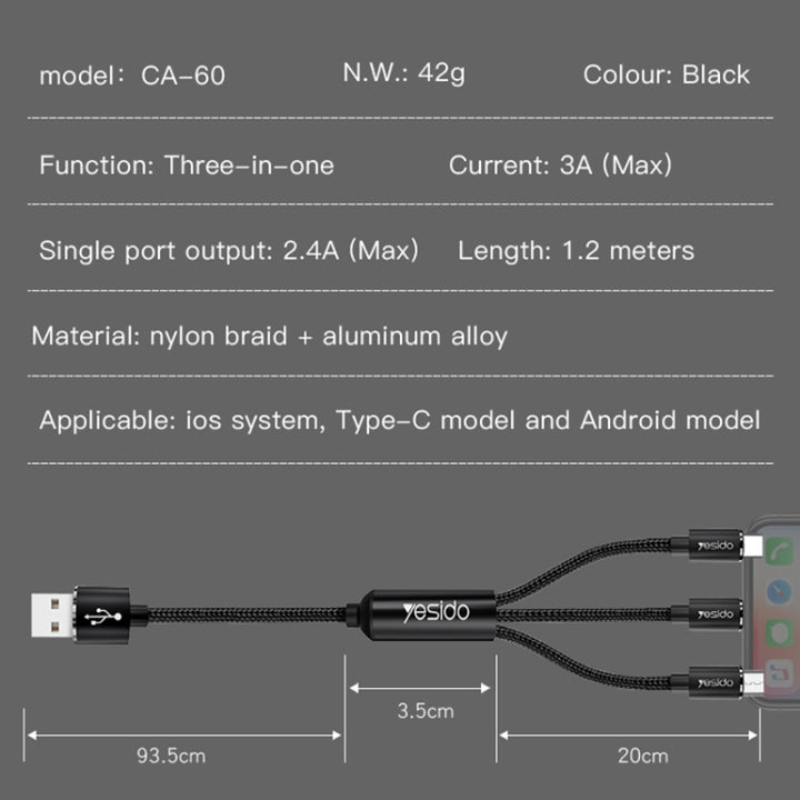 Yesido 3 in 1 Fasting Data Cable 3A - iCase Stores