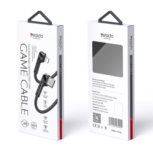 Yesido Dual Right Angle Lightning Data Cable 1.2M