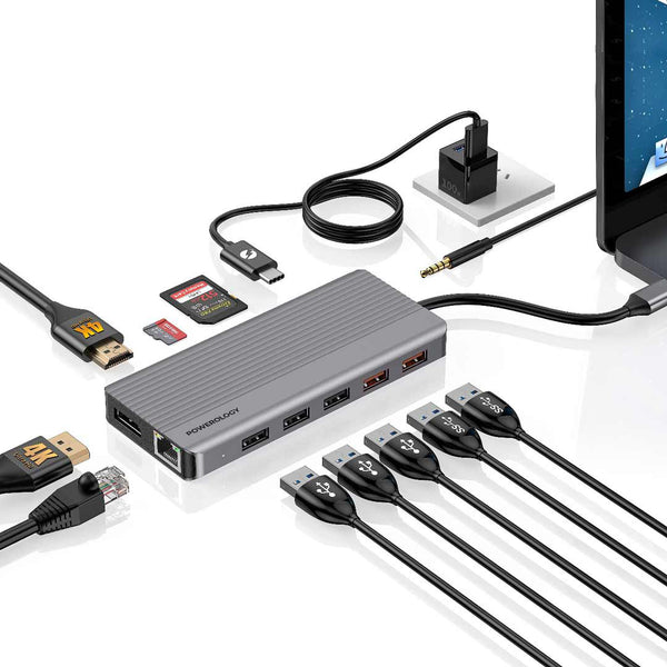 Powerology 12 in 1 USB-C Hub HDMI Type-C 100W PD Ethernet VGA USB SD MicroSD 3.5AUX - iCase Stores
