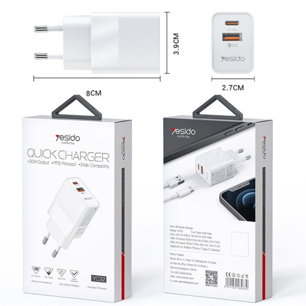 Yesido Quick Charger PD 20W+QC3.0