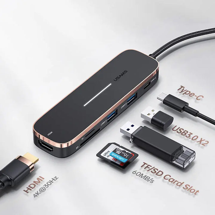 USAMS 6 In 1 PD 100W Type C Hub USB C to HDMI-compatible 1.4 USB 3.0 TF SD Slot Dock Station Splitter For MacBook iPad Laptop - iCase Stores