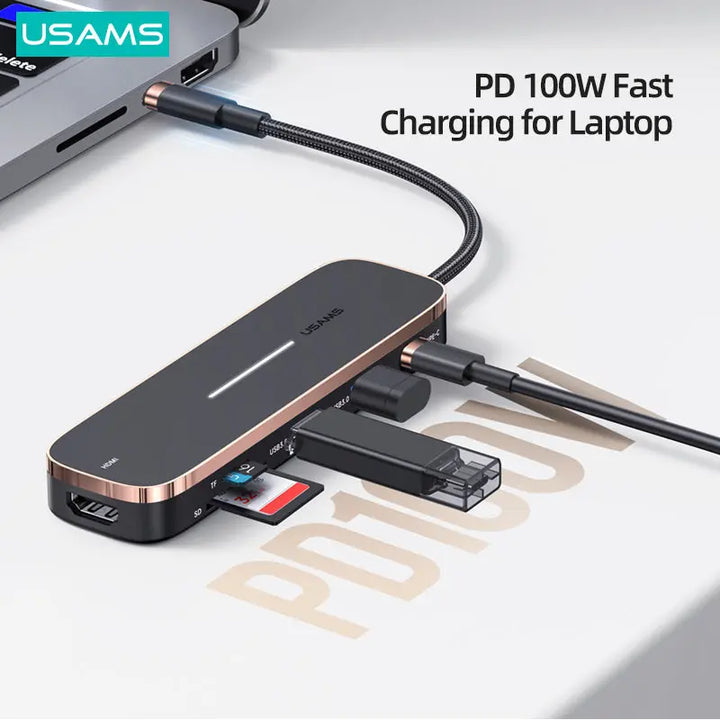 USAMS 6 In 1 PD 100W Type C Hub USB C to HDMI-compatible 1.4 USB 3.0 TF SD Slot Dock Station Splitter For MacBook iPad Laptop - iCase Stores