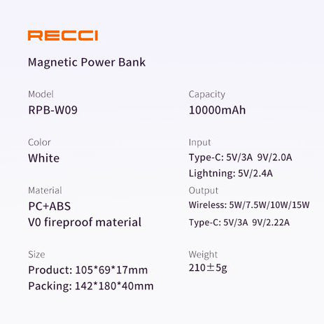 Recci Magnetic Wireless Charging Power Bank Dual Port 10000mAh