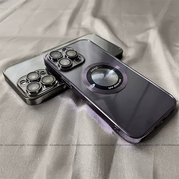 Plating MagSafe Luxury Clear Case with Glass Logo Hole