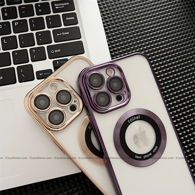 Plating MagSafe Luxury Clear Case with Glass Logo Hole